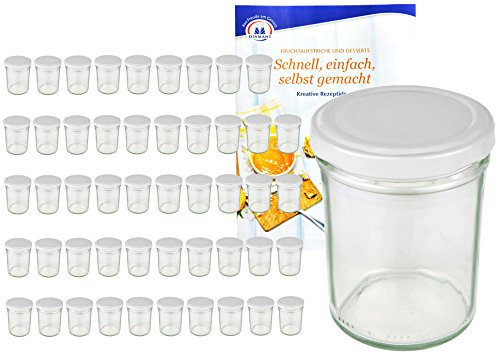 MamboCat Lot de 50 bocaux en verre - 230 ml - Couvercle blanc TO 66 Livret de recettes Diamant Gelierzauber inclus (français non garanti) - Idéals comme pots de confiture ou bocaux de conservation