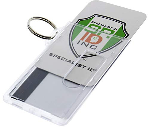 Specialist ID 5 Pack - Heavy Duty Fuel Card/ID Badge Holders with Keyring - Holds Two Cards - Clear Rigid Plastic ID Holder Keychain - Attach Keys & Protect License and a Credit Card by