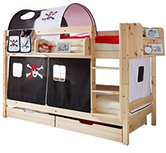 TiCAA Etagenbett Doppelbett Marcel Kiefer massiv Natur, Vorhangstoff:Pirat Schwarz Weiss