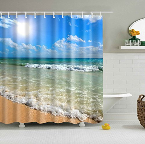 JameStyle26 Duschvorhang Vorhang Digitaldruck inkl. Vorhangringe Anti Schimmel vers. Motiven Badezimmer Badewanne (Beach #2, 180 x 200 cm)