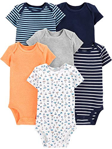 Simple Joys by Carter's Short Sleeve Bodysuit Body, Multicolor/Barcos de Vela/Rayas, 0 Meses (Pack de 6) para Bebés