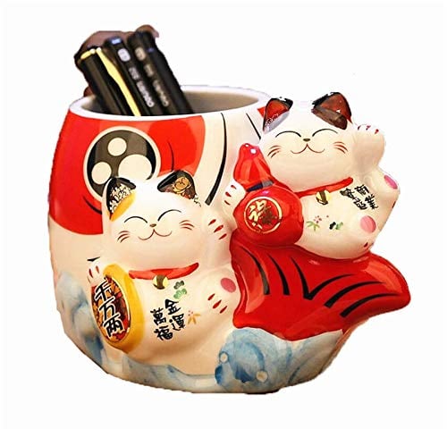 EatingBiting Fortune - Pot à crayons en céramique - Motif chat Maneki Neko - Pot à crayons - Pot à crayons - Pot à crayons - Pot à Cactus