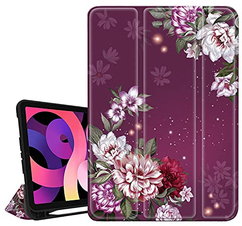 Hepix iPad Air 4. Generation 11 Zoll Hülle mit Stifthalter 2020, Blume lila Pfingstrose Blumen Ständer Slim Trifold Protective Shockproof Smart Cover Auto Sleep Wake for A2072 A2316 A2324 A2325