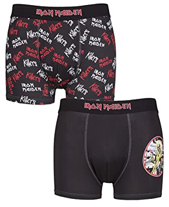 SockShop Men’s Iron Maiden Boxed Classic Rock and Heavy Metal Boxer Shorts – Underwear Pack of 2 Assorted Designs – Quirky Gift Ideas for Him Black L