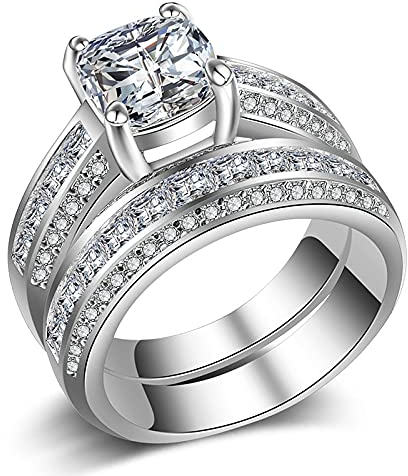 DJMJHG Klassischer 2pcs Ehering Ring Set mit Kissenschliff Cz Stein Luxus Schmuck Verlobungsringe für Frauen 6 Weiß