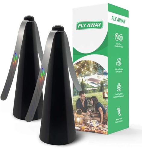 Fly Away – 2 Stück Outdoor-Fliegenabwehr-Ventilator, für den Innen- und Außenbereich, für Restaurants, Grillen, Veranstaltungen, zum Abschrecken von Fliegen, Mücken, Tischplatte, Haken zum Aufhängen.