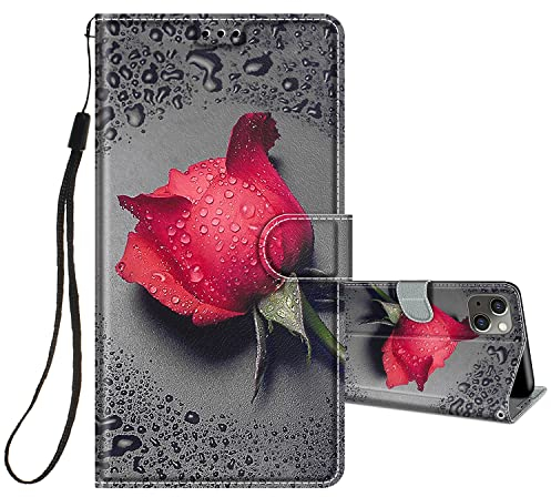 HopMore Handyhülle für iPhone 13 / iPhone 14 Leder Hülle, Klappbar Klapphülle Flip Case PU Schutzhülle Motiv für Mädchen Frauen Handytasche Stoßfest Cover Silikon für iPhone 13 / iPhone 14 - Rose