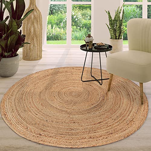 TT Home Jute Teppich Rund Wohnzimmer Esszimmer Boho Modern Handgemacht Mit Umrandung, Farbe: Natur 3, Größe:200 cm Rund
