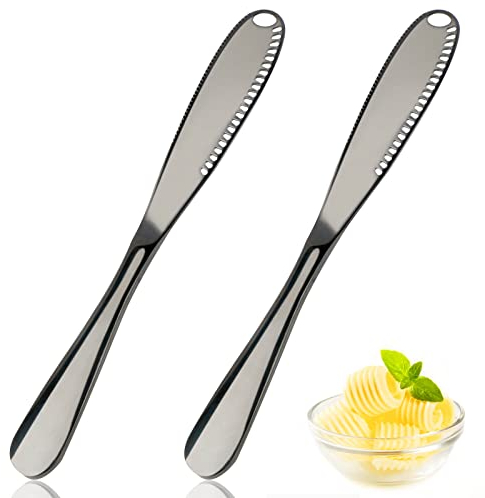 2 PCS Butter Spreader Knife, Stainless Steel Multi-Function Butter Knives, Black Curler with Holes & Serrated Edge, 3- in- 1 Kitchen Gadgets for Cold Butter, Bread, and Jams, RIEOS