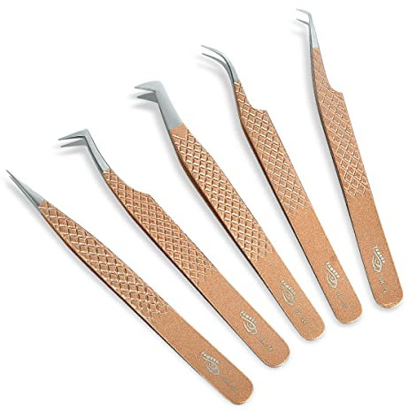 ZAMAHA UK Lot de 5 pinces à épiler japonaises en acier inoxydable pour extensions de cils droites incurvées à 45 degrés à pointe coudée à 90 degrés Doré rose