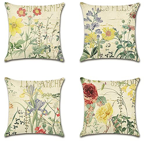 Artscope wasserdichte Kissenbezugen, 4 Stück Vintage Gelbe Blume Kissenhülle Atmungsaktiv Kissen Fall für Outdoor Balkon Terrasse Patio Garten Bauernhaus Dekor 40 x 40cm
