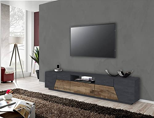 Dmora - TV-Schrank Jacopo, niedriges Wohnzimmer-Sideboard, Fernsehständer-Basis, 100 % Made in Italy, 220 x 43 x 46 cm, Schiefer und Ahorn,