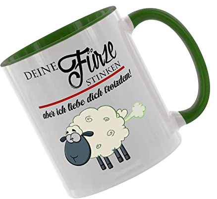 Deine Fürze stinken aber ich liebe dich trotzdem (Schaf) Kaffeetasse mit Motiv, Tasse mit Druck, auch individuell mit Spruch, Foto, Wunschtext, Wunschname (Grün)