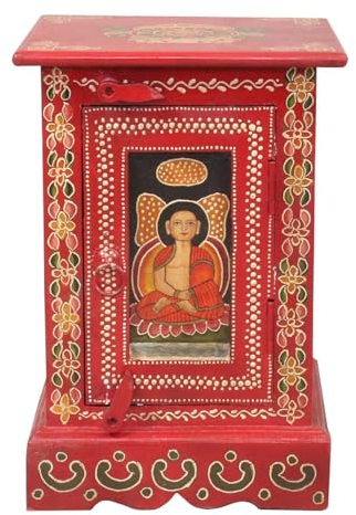 Oriental Galerie Indischer Kleiner Schrank Schränkchen tibetische Buddha-Verzierung, Dunkelrot Wandschrank Holzschrank Kommode Yoga 45 cm