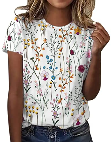T-Shirt Damen Kurzarm - Sommer Oberteile Damen Süßes T Shirt mit Blumen Drucken Rundhals Casual Sport Bluse Kurzarmshirt Basic Graphic Tee Tunika Tops Hemd T-Shirts für Teenager Mädchen Frauen