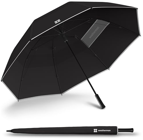 Weatherman Umbrella - Golf Lite Umbrella Extra Large Oversize Windproof w/UV Protection - Heavy Duty for Rain & Sun - Resists Up to 55 MPH Winds - for Men, Women, Push Cart, Golf Bag (Black)
