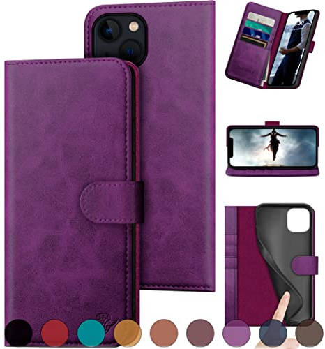 DuckSky Design für iPhone 15 Plus 6,7 Zoll Echtleder Wallet Case 【RFID】【4 Kreditkartenfächer】【Echtes Leder】 Flip Folio Book Handyhülle Cover Damen Herren für Apple 15 Plus Hülle Lila