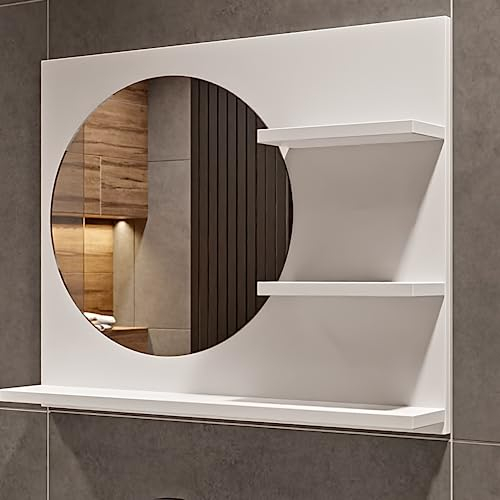 HAJDUK FURNITURE Badspiegel Mit Ablage Weiß - 60 x 50 cm - Spiegel Links - Badezimmerspiegel Rund - Wandspiegel - Spiegelschrank - Durchmesser: 40 cm