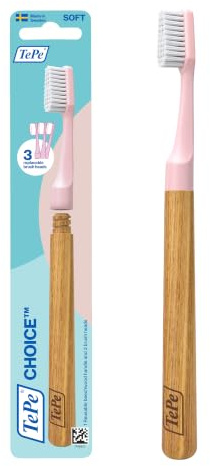 Spazzolino TePe Choice, Soft, Rosa, 1 Manico in Legno | 3 testine sostituibili, Ottimo per la pulizia dei denti e la rimozione della placca