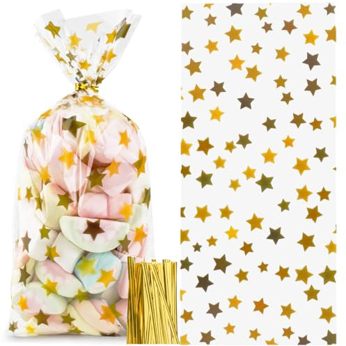 100 Stück Gold Sterne Weihnachten Plätzchentüten, Weihnachten Süßigkeiten Tüten, Süßigkeiten Tasche mit Goldenen Sternen 275 x125 mm, OPP Transparent Zellophantüten Cellophantüten Geschenktüten