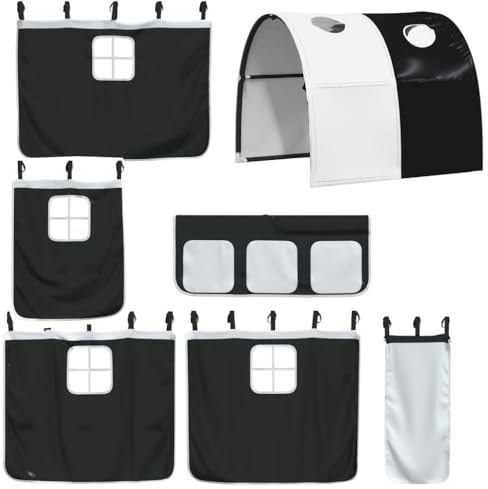 vidaXL Vorhänge, Vorhang Set für Hochbett Spielbett Kinderbett, Bettvorhang mit Tunnel, Spielvorhang Unterbettvorhang Kinderzimmer, Weiß Schwarz Polyester