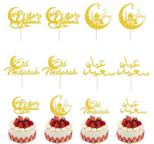 Eid Mubarak Kuchendeko,8 Stück Glitzer Stern Mond Alphabet Schloss Cake Topper,Gold Ramadan Cupcake Topper für Muslimisch Islam Kareem Party Dekoration Supplies