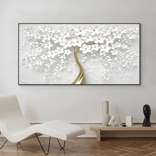 HYFBH Peinture abstraite de fleurs blanches, impression en aérosol, affiche de plante nordique moderne, toile murale, images d'art pour la décoration de la maison, 60x150cm/24x59in avec cadre