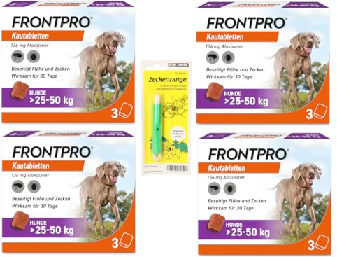FRONTPRO Kautabletten für Hunde 25-50 kg 12-Monats-Set zum Schutz gegen Zecken und Flöhe mit Zeckenzange: Schützt bis zu 12 Monate