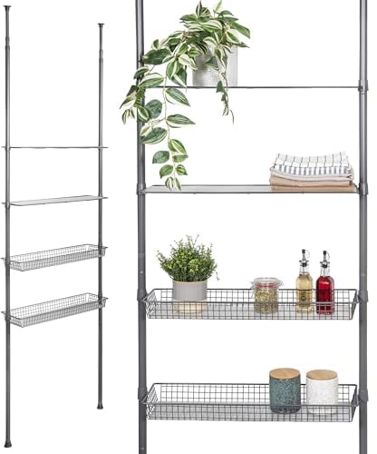 bremermann Teleskop-Regal mit 2 Körben 2 Ablagen, Badregal, Waschmaschinenregal, Allzweckregal für viele Wohnbereiche geeignet, Teleskop-Stange höhenverstellbar bis max. ca. 290 cm (Grau)