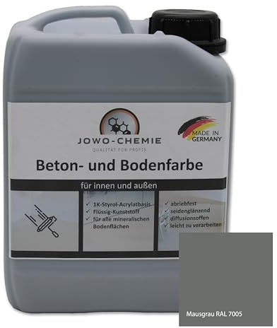 JOWO-CHEMIE Betonfarbe (2,5kg) Bodenfarbe Flüssig Kunststoff für 20m² Grauton Beton Estrichfarbe Beschichtungen (Mausgrau)
