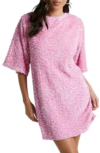 Caziffer Abito Donna in Paillettes Manica Corta Casual Allentato Scintillante Collo Rotondo Aperto Indietro Tie-Up Giltter Mini T-Shirt Abito da Sera Club Tunic (Rosa, L)