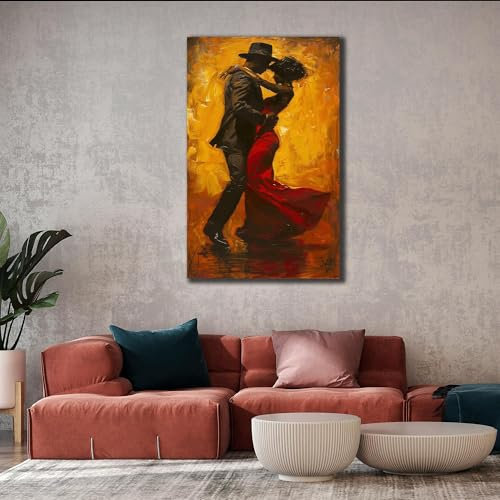 PVPQPR Kunstdruck auf Leinwand für Paar, Tänzer-Wandkunst, Tango-Wandkunst, Tanzende Wandkunst, rotes Gemälde auf Leinwand, Liebestanz-Poster, 70 x 150 cm (30 x 59 Zoll) mit Rahmen