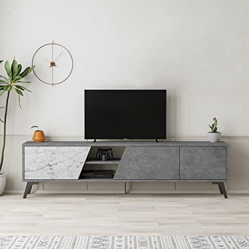 HOCUS PICUS TV Stand | 3-Door & 2-Tier Shelf Wooden Storage Cabinet | Modern TV Unit for Living Room | Lowboard Table for 65 Inch TVs | 180 cm | Retro Grey - White Marble