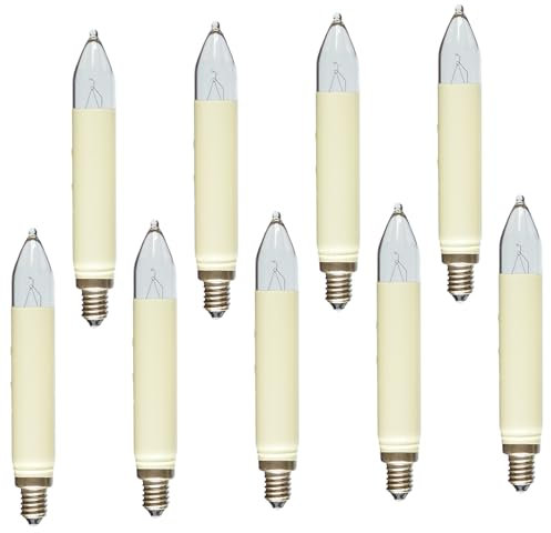 Erzgebirgslicht - AUSWAHL - 9 Stück Schaftkerze 23V 3W E10 für 10 Brennstellen Ersatzbirne Glühbirne (Normal-) Schaftkerze Glühlämpchen für Lichterketten Pyramide und Schwibbogen (keine LED!)