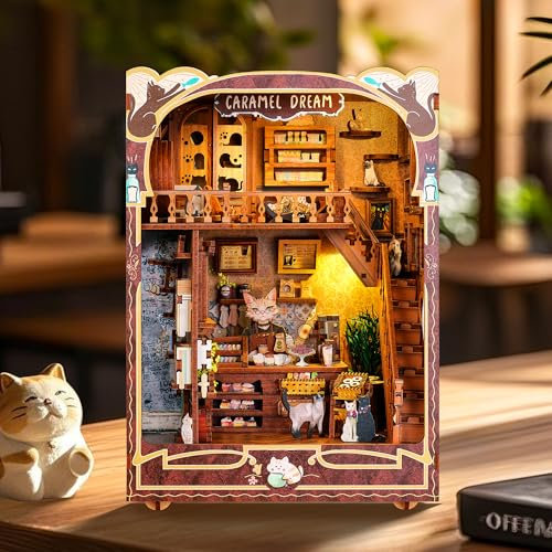 FUNPOLA 3D Holzpuzzle Booknook Kit, Karamelltraum Katzencafé Bücherregal mit LED, DIY Miniatur-Buchstützen Deko, Handwerksgeschenk für Katzenliebhaber und Teenager (Karamelltraum)