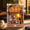 FUNPOLA 3D Holzpuzzle Booknook Kit, Karamelltraum Katzencafé Bücherregal mit LED, DIY Miniatur-Buchstützen Deko, Handwerksgeschenk für Katzenliebhaber und Teenager (Karamelltraum)