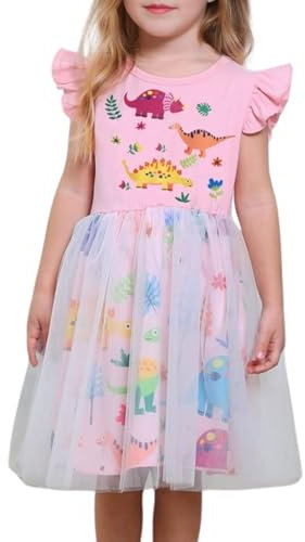 Momkonzz Toddler Girls Dress Little Girl Dinosaur Animal Rainbow Print Tulle Dresses Kids Short Ruffle Sleeve Tutu Summer Dress (Pink, 3-4T)