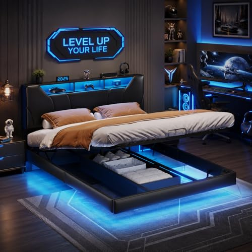 LKPOMI Bett 160x200 mit Stauraum und Lattenrost, Doppelbett Polsterbett mit LED und USB-Ladefunktion, Hydraulisch Stauraumbett Funktionsbett Bettgestell, Ohne Matratze (Schwarz, 160 x 200 cm)