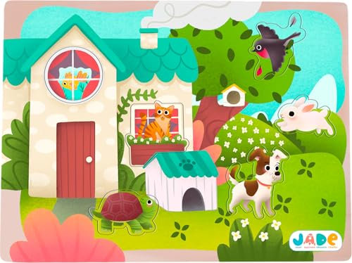 J.A.D.E - Puzzles Tierformen Haustiere - 1. Lebensjahr - Lernspiel - Erste Überlegungen - 052480-6 Stück - Mehrfarbig - FSC-Holz - Französisches Design - Jade - Ab 18 Monaten