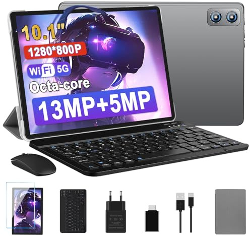 Biegedy Tablet 10 pollici Android Tablet PC 6GB RAM + 128GB ROM + TF 512GB Octa-Core 2.0 GHz, 8000mAh | 5G WiFi | Bluetooth5.0 | 1280 * 800 Pixel | 5MP+13MP, Tablet con Tastiera e Mouse Grigio