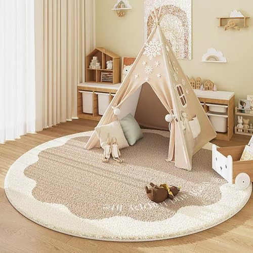 Tospass Kinderzimmer Rund Kunstwolle Teppich Schlafzimmer Blume Weicher Waschbarer Kinder Teppich Creme Stil Junge Mädchen Kurzflor rutschfest, 180 cm Rund
