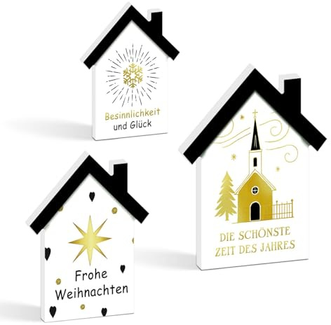 Putuo Decor 3er-Set Häuschen Weihnachtsdeko innen Tisch PVC mit Goldener Kirche, Stern und Schriftzügen – Elegante weihnachtstischdeko, Christmas Decorations (Schwarz Weihnachts Hausdekoratio)