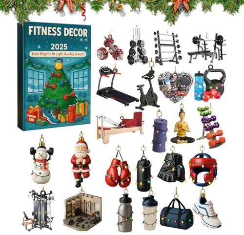 Fitness Decor Advent 2025-2D Acryl Weihnachtsdekoration | 24 Tage Countdown Kalender Workout Ornament | Gym und Sport für Rucksack Geldbörse Auto Läufer Fitness Liebhaber Geburtstagsfeier