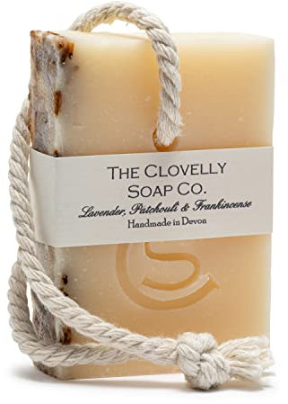 Clovelly Soap Co Natural Handmade Soap on a rope Bar (Lavender Patchouli & Frankincense, 100g) For all skin types.