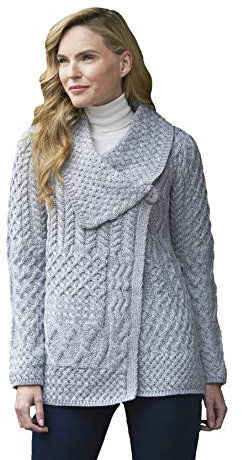 Aran Crafts, Cardigan in Lana Super Morbido, con Un Solo Bottone, Colore Rosa, Naturale, Grigio - Grigio - S
