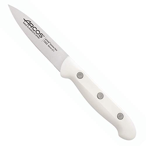 Arcos Cuchillo pelador Acero Inoxidable Nitrum. Cuchillo pelador pelar frutas y verduras. Mango ergonómico polipropileno y Hoja 80 mm. Innovación, elegancia. Serie Artika. Color blanco.