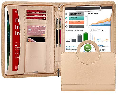 Darolin Porte-documents en cuir à fermeture éclair avec poignée dissimulée et presse-papiers, organisateur de conférence d'affaires, bloc-notes, pochette portefeuille, pour femme/homme (doré)