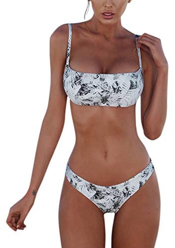 meioro Bikini Set Swimsuits for Women Low Waist Thong Swimwear Bathing Suits No Rims Swimming Costume (XL,Grey+White)