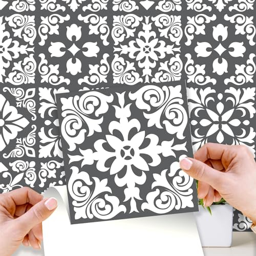 WALPLUS 15cm(6) 24 pcs Dark Grey Spanish Renaissance Tile Stickers Removable Self-Adhesive Mural Vinyl Home DIY Bathroom Kitchen Gift Peel and Stick Tile Decals Backsplash Stick On Wall Tile Paint