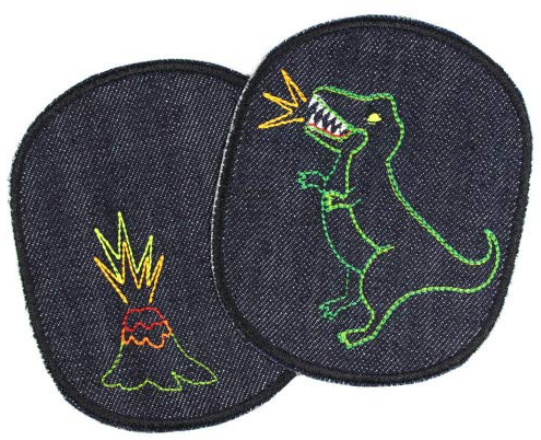 Flicken Dino und Vulkan zum aufbügeln 12 x 10cm Bügelflicken blau Jeans teilw. neon Bügelbilder